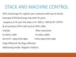 STACK AND MACHINE CONTROL
XTHL (Exchange HL register pair contents with top of stack).
Example:XTHL(Exchange top with HL pair).
Suppose at HL pair the data is H= 20H,L= 30H & SP =FFFFH
& at locations FFFF=10H and at FFFE= 80H.
Initially After execution
H=20H,L=30H H=10H,L=80H.
SP=FFFF =10H,FFFE=80H FFFD=20H,FFFE=30H
Flags Affected :No flags affected.
Addressing mode: Register indirect.
 
