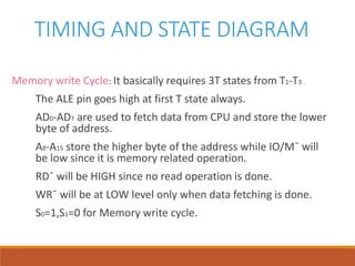 TIMING AND STATE DIAGRAM
Memory write Cycle: It basically requires 3T states from T1-T3 .
The ALE pin goes high at first T state always.
AD0-AD7 are used to fetch data from CPU and store the lower
byte of address.
A8-A15 store the higher byte of the address while IO/M¯ will
be low since it is memory related operation.
RD¯ will be HIGH since no read operation is done.
WR¯ will be at LOW level only when data fetching is done.
S0=1,S1=0 for Memory write cycle.
 