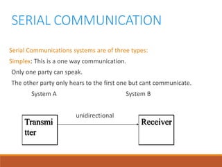 SERIAL COMMUNICATION
Serial Communications systems are of three types:
Simplex: This is a one way communication.
Only one party can speak.
The other party only hears to the first one but cant communicate.
System A System B
unidirectional
Transmi
tter
Receiver
 