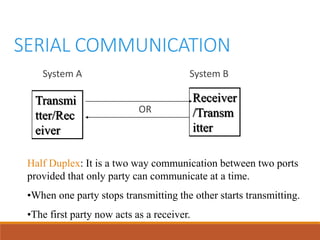 SERIAL COMMUNICATION
System A System B
OR
Transmi
tter/Rec
eiver
Receiver
/Transm
itter
Half Duplex: It is a two way communication between two ports
provided that only party can communicate at a time.
•When one party stops transmitting the other starts transmitting.
•The first party now acts as a receiver.
 