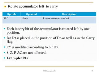 8085 Instruction Set 58
 Rotate accumulator left to carry
 