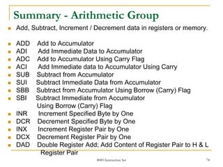 8085 Instruction Set 74
Summary - Arithmetic Group
 Add, Subtract, Increment / Decrement data in registers or memory.
 ADD Add to Accumulator
 ADI Add Immediate Data to Accumulator
 ADC Add to Accumulator Using Carry Flag
 ACI Add Immediate data to Accumulator Using Carry
 SUB Subtract from Accumulator
 SUI Subtract Immediate Data from Accumulator
 SBB Subtract from Accumulator Using Borrow (Carry) Flag
 SBI Subtract Immediate from Accumulator
Using Borrow (Carry) Flag
 INR Increment Specified Byte by One
 DCR Decrement Specified Byte by One
 INX Increment Register Pair by One
 DCX Decrement Register Pair by One
 DAD Double Register Add; Add Content of Register Pair to H & L
Register Pair
 