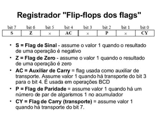 Registrador "Flip-flops dos flags" S = Flag de Sinal  - assume o valor 1 quando o resultado de uma operação é negativo Z = Flag de Zero  - assume o valor 1 quando o resultado de uma operação é zero AC = Auxiliar de Carry  = flag usada como auxiliar de transporte. Assume valor 1 quando há transporte do bit 3 para o bit 4. É usada em operações BCD P = Flag de Paridade  = assume valor 1 quando há um número de par de algarismos 1 no acumulador CY = Flag de Carry (transporte)  = assume valor 1 quando há transporte do bit 7. 