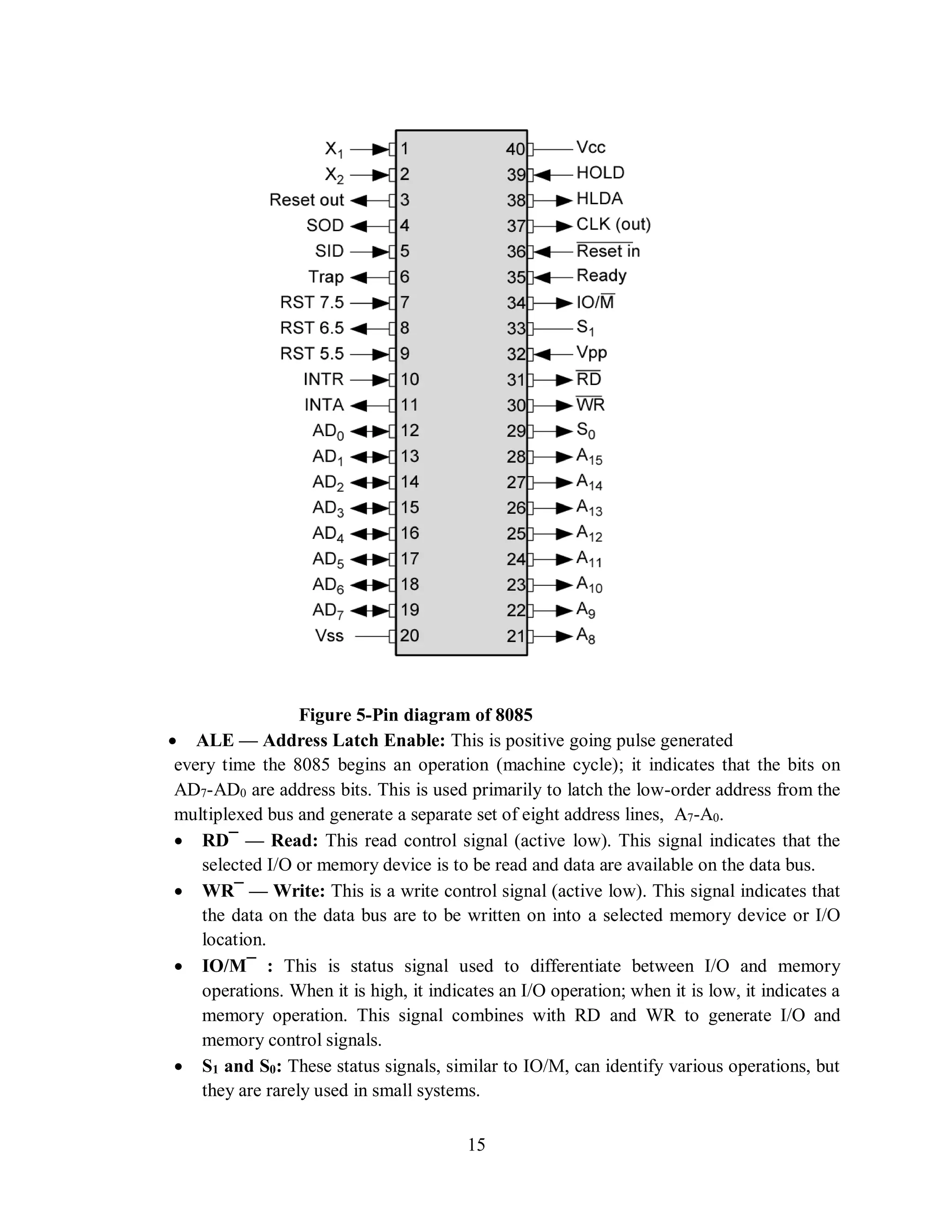 15
Figure 5-Pin diagram of 8085
 ALE — Address Latch Enable: This is positive going pulse generated
every time the 8085 begins an operation (machine cycle); it indicates that the bits on
AD7-AD0 are address bits. This is used primarily to latch the low-order address from the
multiplexed bus and generate a separate set of eight address lines, A7-A0.
 RD¯ — Read: This read control signal (active low). This signal indicates that the
selected I/O or memory device is to be read and data are available on the data bus.
 WR¯ — Write: This is a write control signal (active low). This signal indicates that
the data on the data bus are to be written on into a selected memory device or I/O
location.
 IO/M¯ : This is status signal used to differentiate between I/O and memory
operations. When it is high, it indicates an I/O operation; when it is low, it indicates a
memory operation. This signal combines with RD and WR to generate I/O and
memory control signals.
 S1 and S0: These status signals, similar to IO/M, can identify various operations, but
they are rarely used in small systems.
 