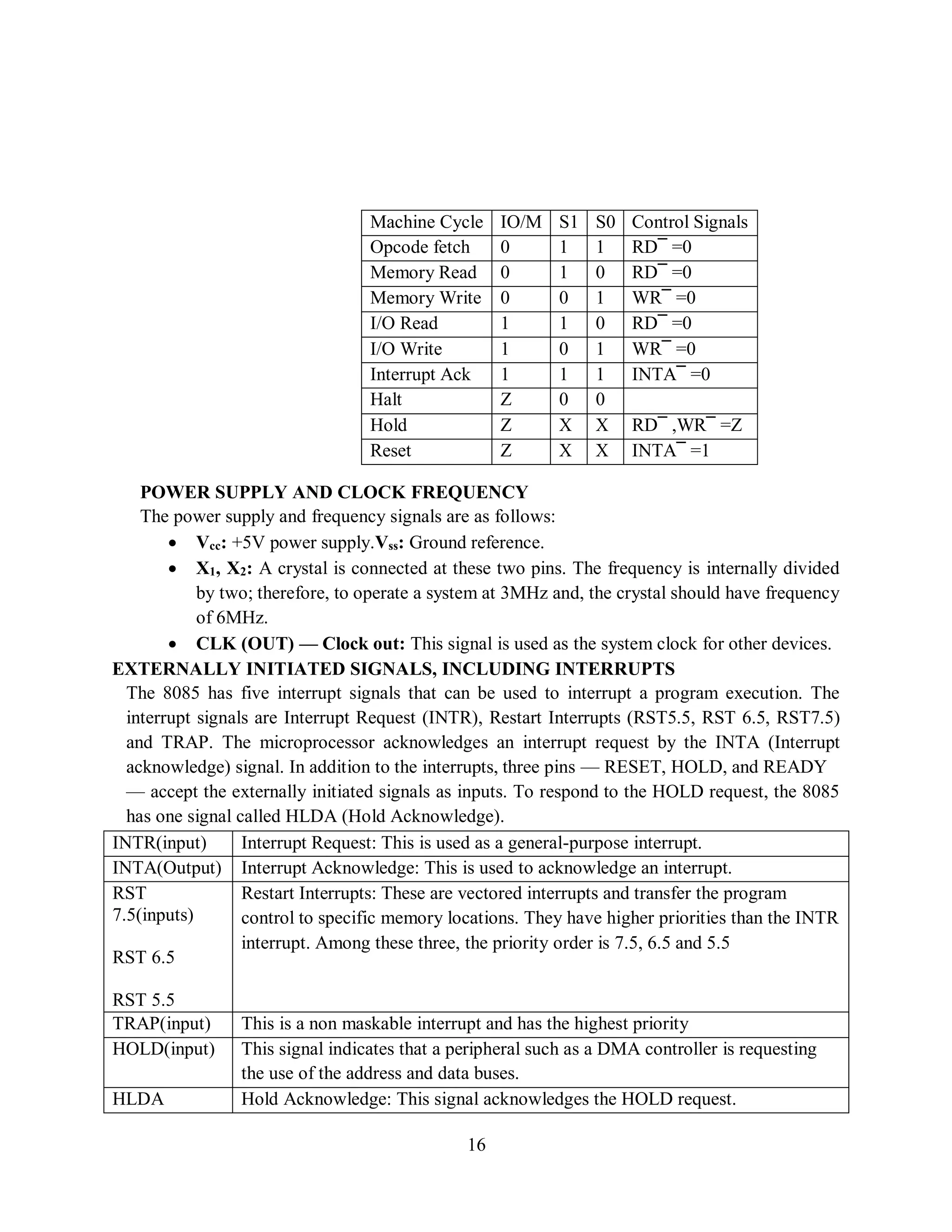 16
Machine Cycle IO/M S1 S0 Control Signals
Opcode fetch 0 1 1 RD¯ =0
Memory Read 0 1 0 RD¯ =0
Memory Write 0 0 1 WR¯ =0
I/O Read 1 1 0 RD¯ =0
I/O Write 1 0 1 WR¯ =0
Interrupt Ack 1 1 1 INTA¯ =0
Halt Z 0 0
Hold Z X X RD¯ ,WR¯ =Z
Reset Z X X INTA¯ =1
POWER SUPPLY AND CLOCK FREQUENCY
The power supply and frequency signals are as follows:
 Vcc: +5V power supply.Vss: Ground reference.
 X1, X2: A crystal is connected at these two pins. The frequency is internally divided
by two; therefore, to operate a system at 3MHz and, the crystal should have frequency
of 6MHz.
 CLK (OUT) — Clock out: This signal is used as the system clock for other devices.
EXTERNALLY INITIATED SIGNALS, INCLUDING INTERRUPTS
The 8085 has five interrupt signals that can be used to interrupt a program execution. The
interrupt signals are Interrupt Request (INTR), Restart Interrupts (RST5.5, RST 6.5, RST7.5)
and TRAP. The microprocessor acknowledges an interrupt request by the INTA (Interrupt
acknowledge) signal. In addition to the interrupts, three pins — RESET, HOLD, and READY
— accept the externally initiated signals as inputs. To respond to the HOLD request, the 8085
has one signal called HLDA (Hold Acknowledge).
INTR(input) Interrupt Request: This is used as a general-purpose interrupt.
INTA(Output) Interrupt Acknowledge: This is used to acknowledge an interrupt.
RST Restart Interrupts: These are vectored interrupts and transfer the program
7.5(inputs) control to specific memory locations. They have higher priorities than the INTR
RST 6.5
interrupt. Among these three, the priority order is 7.5, 6.5 and 5.5
RST 5.5
TRAP(input) This is a non maskable interrupt and has the highest priority
HOLD(input) This signal indicates that a peripheral such as a DMA controller is requesting
the use of the address and data buses.
HLDA Hold Acknowledge: This signal acknowledges the HOLD request.
 