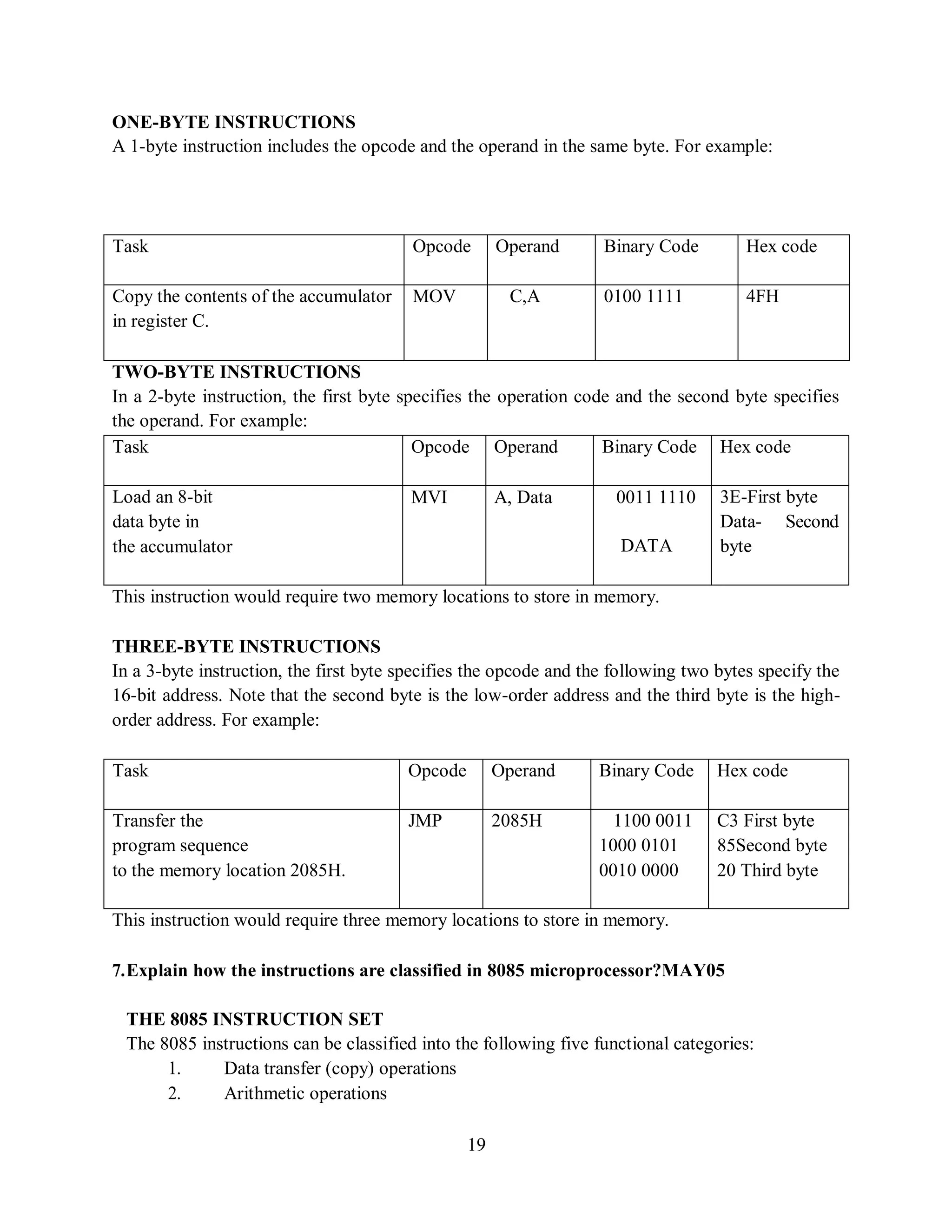 19
ONE-BYTE INSTRUCTIONS
A 1-byte instruction includes the opcode and the operand in the same byte. For example:
Task Opcode Operand Binary Code Hex code
Copy the contents of the accumulator
in register C.
MOV C,A 0100 1111 4FH
TWO-BYTE INSTRUCTIONS
In a 2-byte instruction, the first byte specifies the operation code and the second byte specifies
the operand. For example:
Task Opcode Operand Binary Code Hex code
Load an 8-bit
data byte in
the accumulator
MVI A, Data 0011 1110
DATA
3E-First byte
Data- Second
byte
This instruction would require two memory locations to store in memory.
THREE-BYTE INSTRUCTIONS
In a 3-byte instruction, the first byte specifies the opcode and the following two bytes specify the
16-bit address. Note that the second byte is the low-order address and the third byte is the high-
order address. For example:
Task Opcode Operand Binary Code Hex code
Transfer the JMP 2085H 1100 0011 C3 First byte
program sequence 1000 0101 85Second byte
to the memory location 2085H. 0010 0000 20 Third byte
This instruction would require three memory locations to store in memory.
7.Explain how the instructions are classified in 8085 microprocessor?MAY05
THE 8085 INSTRUCTION SET
The 8085 instructions can be classified into the following five functional categories:
1. Data transfer (copy) operations
2. Arithmetic operations
 