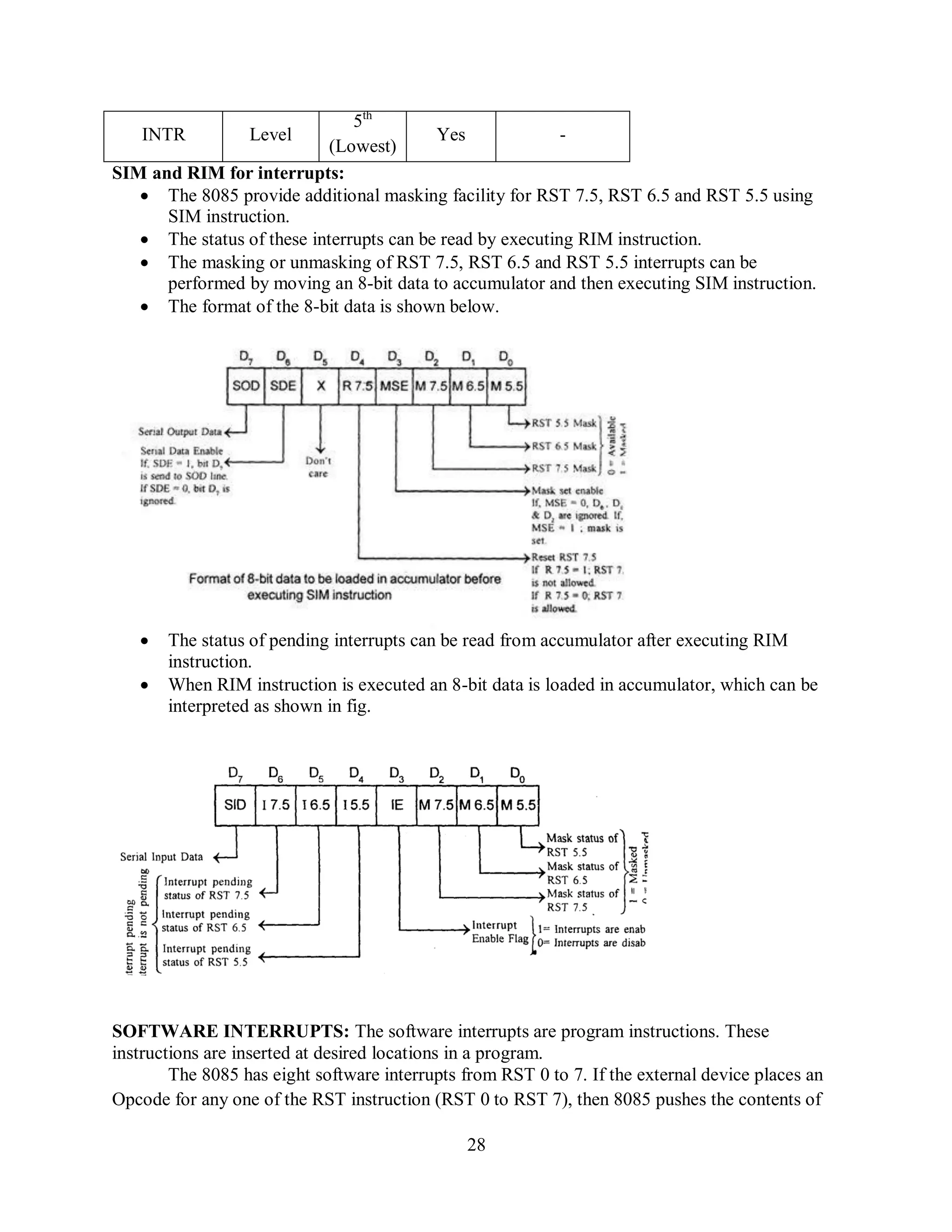 28
INTR Level
5th
(Lowest)
Yes -
SIM and RIM for interrupts:
 The 8085 provide additional masking facility for RST 7.5, RST 6.5 and RST 5.5 using
SIM instruction.
 The status of these interrupts can be read by executing RIM instruction.
 The masking or unmasking of RST 7.5, RST 6.5 and RST 5.5 interrupts can be
performed by moving an 8-bit data to accumulator and then executing SIM instruction.
 The format of the 8-bit data is shown below.
 The status of pending interrupts can be read from accumulator after executing RIM
instruction.
 When RIM instruction is executed an 8-bit data is loaded in accumulator, which can be
interpreted as shown in fig.
SOFTWARE INTERRUPTS: The software interrupts are program instructions. These
instructions are inserted at desired locations in a program.
The 8085 has eight software interrupts from RST 0 to 7. If the external device places an
Opcode for any one of the RST instruction (RST 0 to RST 7), then 8085 pushes the contents of
 
