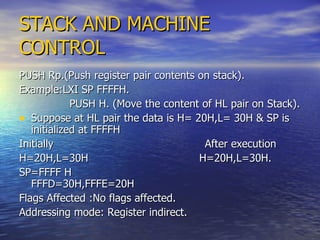 STACK AND MACHINE CONTROL PUSH Rp.(Push register pair contents on stack). Example:LXI SP FFFFH. PUSH H. (Move the content of HL pair on Stack). Suppose at HL pair the data is H= 20H,L= 30H & SP is initialized at FFFFH Initially  After execution H=20H,L=30H  H=20H,L=30H. SP=FFFF H  FFFD=30H,FFFE=20H  Flags Affected :No flags affected.  Addressing mode: Register indirect. 