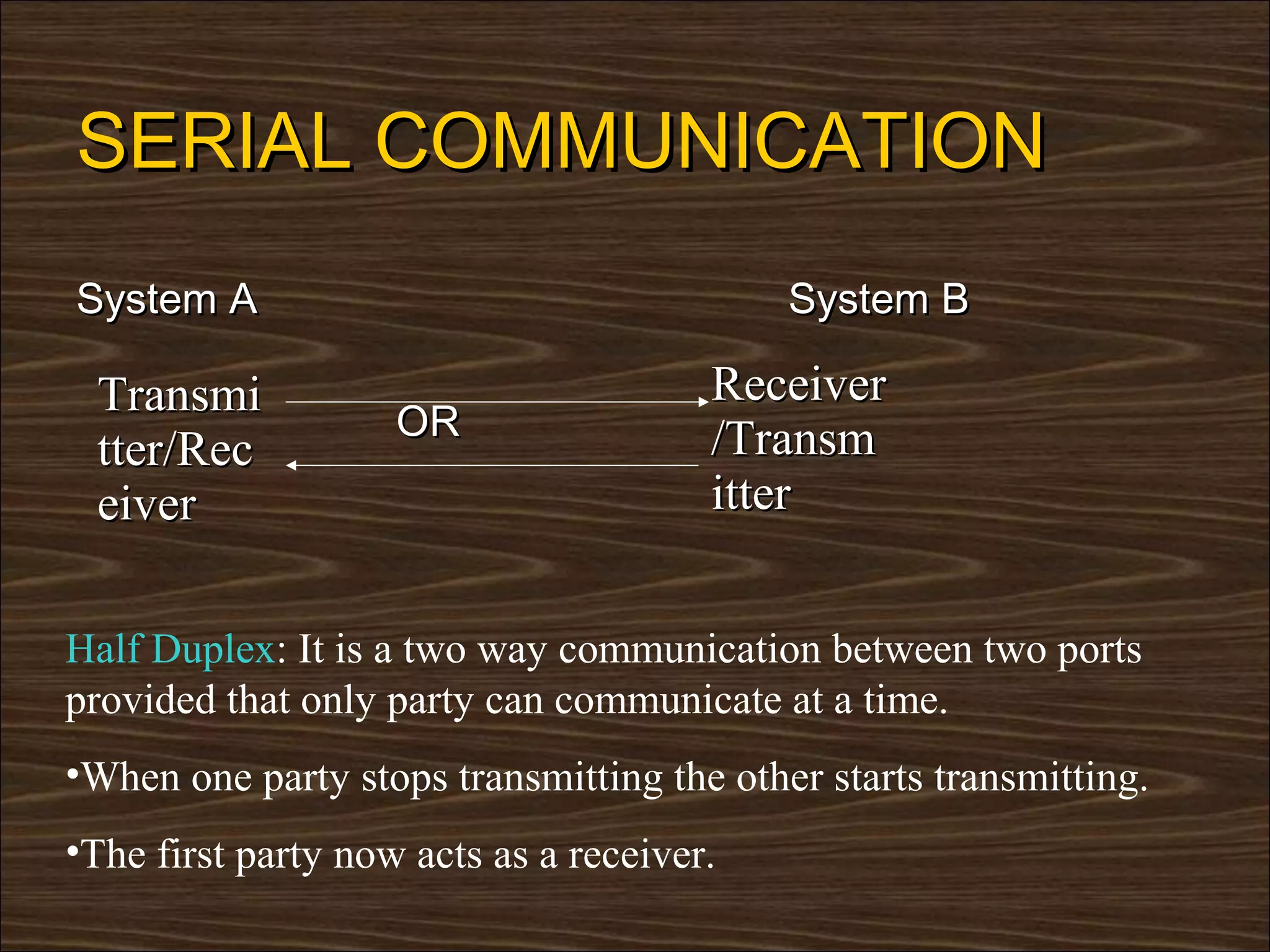 SERIAL COMMUNICATION
System A                                   System B

 Transmi                               Receiver
                    OR                 /Transm
 tter/Rec
 eiver                                 itter


Half Duplex: It is a two way communication between two ports
provided that only party can communicate at a time.
•When one party stops transmitting the other starts transmitting.
•The first party now acts as a receiver.
 