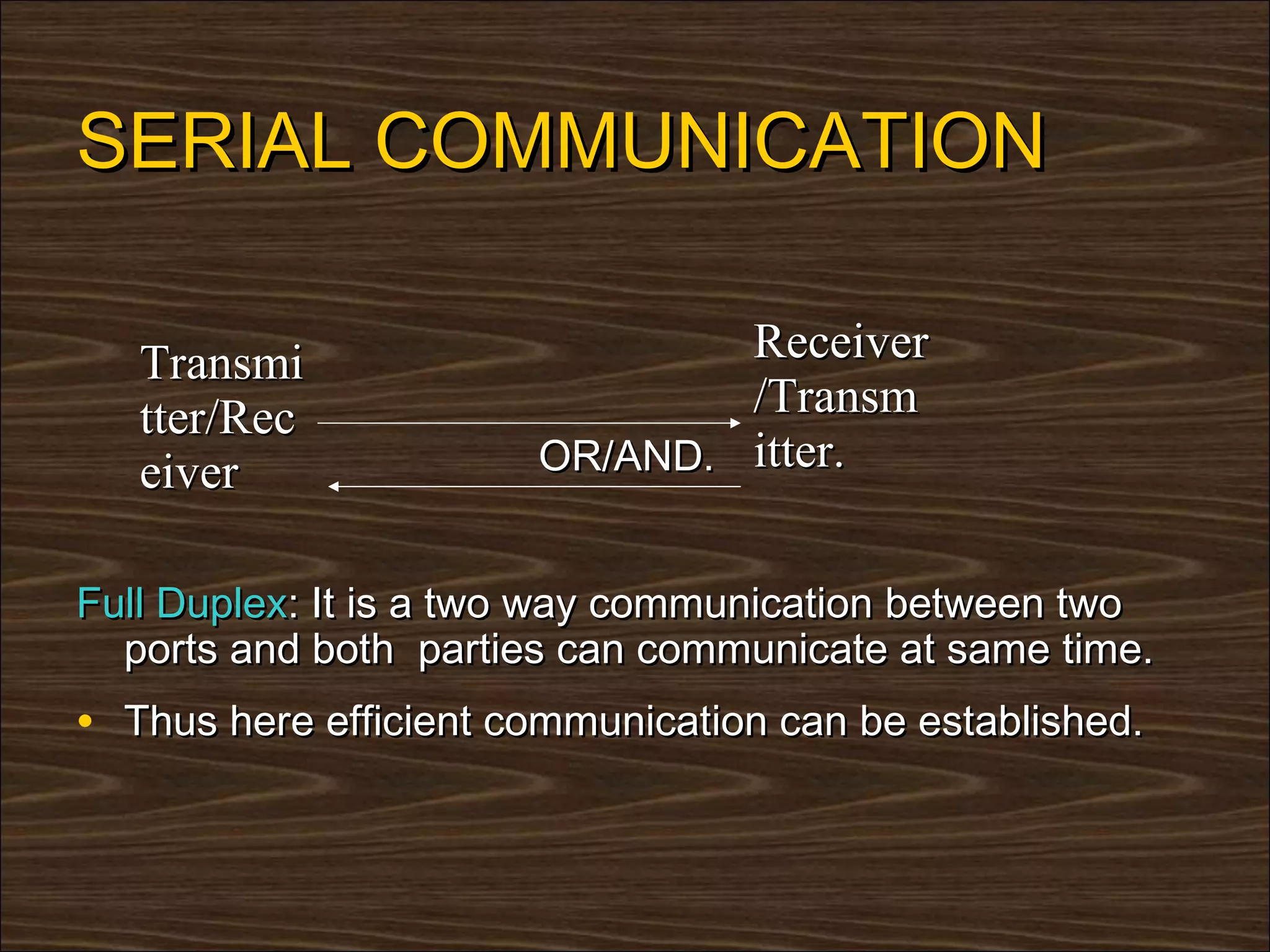 SERIAL COMMUNICATION

   Transmi                     Receiver
   tter/Rec                    /Transm
   eiver               OR/AND. itter.


Full Duplex: It is a two way communication between two
  ports and both parties can communicate at same time.
• Thus here efficient communication can be established.
 