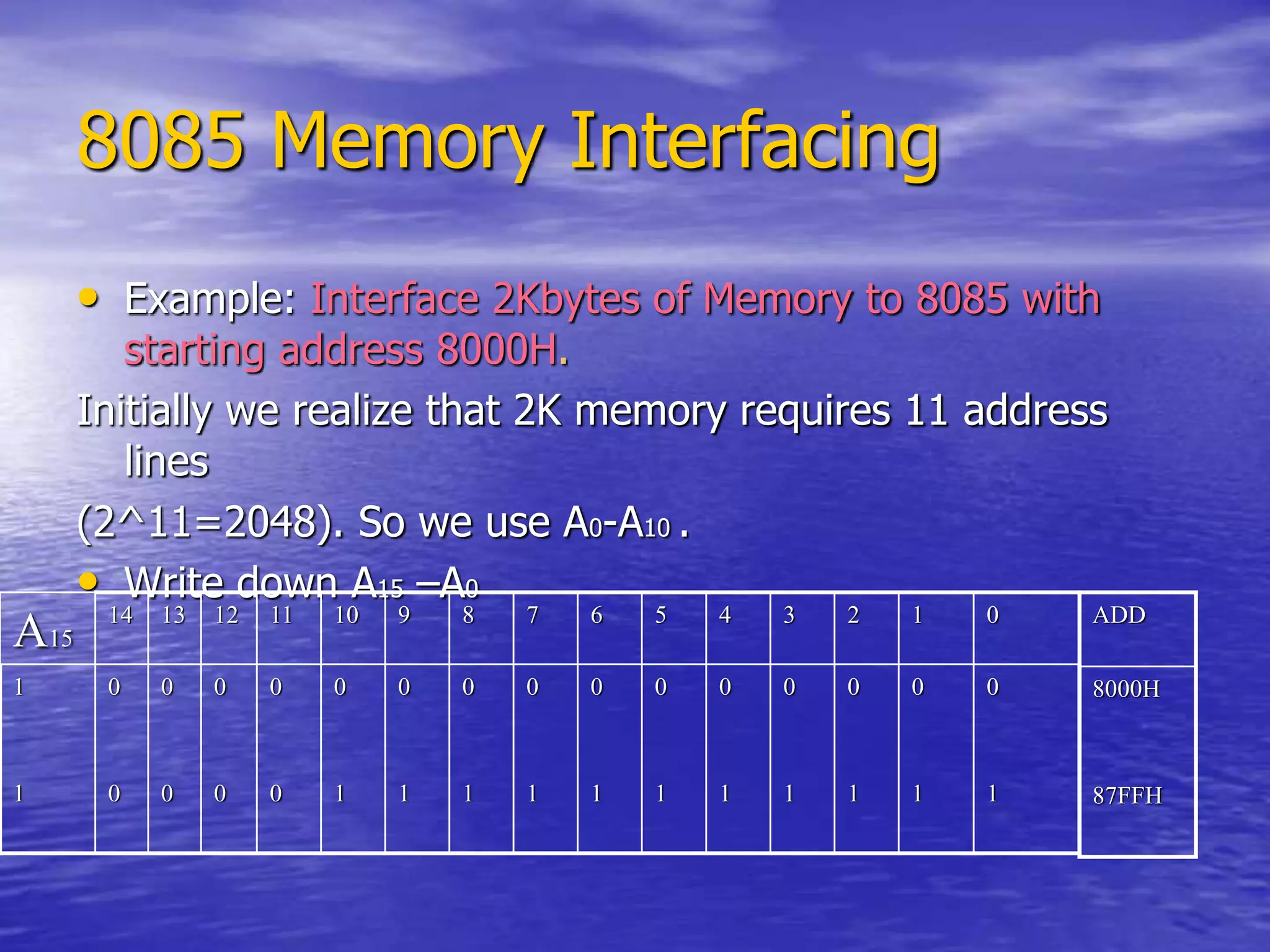 8085 Memory Interfacing
• Example: Interface 2Kbytes of Memory to 8085 with
starting address 8000H.
Initially we realize that 2K memory requires 11 address
lines
(2^11=2048). So we use A0-A10 .
• Write down A15 –A0
A15
14 13 12 11 10 9 8 7 6 5 4 3 2 1 0
1
1
0
0
0
0
0
0
0
0
0
1
0
1
0
1
0
1
0
1
0
1
0
1
0
1
0
1
0
1
0
1
ADD
8000H
87FFH
 
