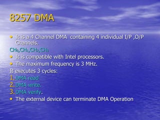 8257 DMA
• It is a 4 Channel DMA containing 4 individual I/P ,O/P
Channels.
CH0,CH1,CH2,CH3
• It is compatible with Intel processors.
• The maximum frequency is 3 MHz.
It executes 3 cycles:
1.DMA read
2.DMA write.
3.DMA verify.
• The external device can terminate DMA Operation
 