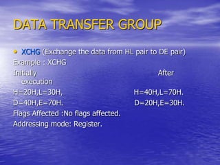 DATA TRANSFER GROUP
• XCHG (Exchange the data from HL pair to DE pair)
Example : XCHG
Initially After
execution
H=20H,L=30H, H=40H,L=70H.
D=40H,E=70H. D=20H,E=30H.
Flags Affected :No flags affected.
Addressing mode: Register.
 