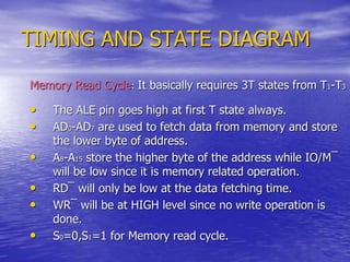 TIMING AND STATE DIAGRAM
Memory Read Cycle: It basically requires 3T states from T1-T3
.
• The ALE pin goes high at first T state always.
• AD0-AD7 are used to fetch data from memory and store
the lower byte of address.
• A8-A15 store the higher byte of the address while IO/M¯
will be low since it is memory related operation.
• RD¯ will only be low at the data fetching time.
• WR¯ will be at HIGH level since no write operation is
done.
• S0=0,S1=1 for Memory read cycle.
 