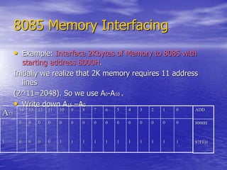 8085 Memory Interfacing
• Example: Interface 2Kbytes of Memory to 8085 with
starting address 8000H.
Initially we realize that 2K memory requires 11 address
lines
(2^11=2048). So we use A0-A10 .
• Write down A15 –A0
A15
14 13 12 11 10 9 8 7 6 5 4 3 2 1 0
1
1
0
0
0
0
0
0
0
0
0
1
0
1
0
1
0
1
0
1
0
1
0
1
0
1
0
1
0
1
0
1
ADD
8000H
87FFH
 