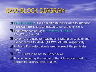 8255 BLOCK DIAGRAM
 Data Bus Buffer: It is an 8 bit data buffer used to interface
8255 with 8085. It is connected to D0-D7 bits of 8255.
 Read/write control logic:It consists of inputs
RD¯,WR¯,A0,A1,CS¯ .
 RD¯,WR¯ are used for reading and writing on to 8255 and
are connected to MEMR¯,MEMW¯ of 8085 respectively.
 A0,A1 are Port select signals used to select the particular
port .
 CS ¯ is used to select the 8255 device .
 It is controlled by the output of the 3:8 decoder used to
decode the address lines of 8085.
 