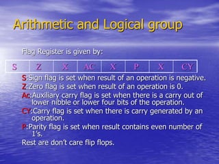 Arithmetic and Logical group
Flag Register is given by:
S:Sign flag is set when result of an operation is negative.
Z:Zero flag is set when result of an operation is 0.
Ac:Auxiliary carry flag is set when there is a carry out of
lower nibble or lower four bits of the operation.
CY:Carry flag is set when there is carry generated by an
operation.
P:Parity flag is set when result contains even number of
1’s.
Rest are don’t care flip flops.
S Z X AC X P X CY
 