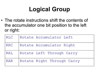 Logical Group The rotate instructions shift the contents of the accumulator one bit position to the left or right:   Rotate Right Through Carry RAR Rotate Left Through Carry RAL Rotate Accumulator Right RRC Rotate Accumulator Left RLC 