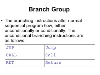 Branch Group   The branching instructions alter normal sequential program flow, either unconditionally or conditionally. The unconditional branching instructions are as follows: Return RET Call CALL Jump JMP 