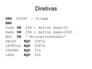 Diretivas ORG   2000H  - Origem END Dado   DB  25H ; define dado=25 Dado   DW   25H ; define dado=0025 MSG   DB   ‘ Microprocessador’ DELAY EQU   05F1h LETECLA EQU   02E7h CHAVES EQU  21h LEDS   EQU  22h 