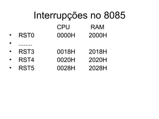 Interrupções no 8085 CPU  RAM RST0 0000H  2000H  ........ RST3 0018H  2018H RST4 0020H  2020H RST5 0028H  2028H 