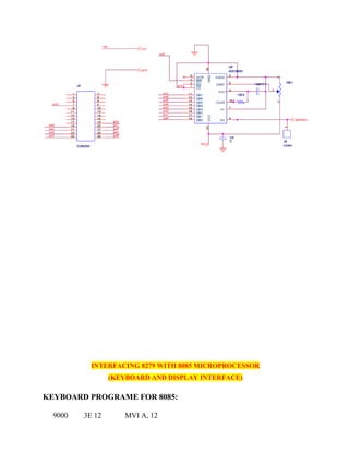 INTERFACING 8279 WITH 8085 MICROPROCESSOR
(KEYBOARD AND DISPLAY INTERFACE)
KEYBOARD PROGRAME FOR 8085:
9000 3E 12 MVI A, 12
 