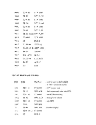 9002 32 01 60 STA 6001
9005 3E 3E MVI A, 3E
9007 32 01 60 STA 6001
900A 3E A0 MVI A, A0
900C 32 01 61 STA 6001
900F 06 08 MVI B, 08
9011 3E 00 loop: MVI A, 00
9013 32 00 60 STA 6000
9016 05 DCR B
9017 C2 11 90 JNZ loop
901A 3A 01 60 L1:LDA 6001
901D E6 07 ANI 07
901F CA 1A 90 JZ L1
9022 3A 00 60 LDA 6000
9025 E6 3F ANI 3F
9027 CF RST 1
DISPLAY PROGRAME FOR 8085:
8500 3E 12 MVI A,12 ; control word to define 8279
; In 8 bit 8 character display
8502 32 01 61 STA 6001 ; 8279 control port
8505 3E 3E MVI A,3E ; for frequency division into 8279
8507 32 01 60 STA 6001 ; into 8279 control reg.
850A 3E A0 MVI A,A0 ; display/write inhibit
850C 32 01 60 STA 6001 ; into 8279
850F 06 08 MVI B,08
8511 3E 00 MVI A,00 ;clear the display
8513 32 00 60 L1: STA 6000
8516 05 DCR B
 