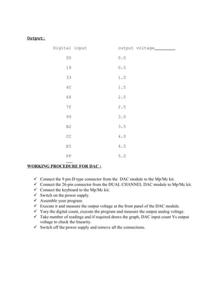 Output:
Digital input output voltage
00 0.0
19 0.5
33 1.0
4C 1.5
66 2.0
7f 2.5
99 3.0
B2 3.5
CC 4.0
E5 4.5
FF 5.0
WORKING PROCEDURE FOR DAC :
 Connect the 9 pin D type connector from the DAC module to the Mp/Mc kit.
 Connect the 26-pin connector from the DUAL CHANNEL DAC module to Mp/Mc kit.
 Connect the keyboard to the Mp/Mc kit.
 Switch on the power supply.
 Assemble your program.
 Execute it and measure the output voltage at the front panel of the DAC module.
 Vary the digital count, execute the program and measure the output analog voltage.
 Take number of readings and if required draws the graph, DAC input count Vs output
voltage to check the linearity.
 Switch off the power supply and remove all the connections.
 
