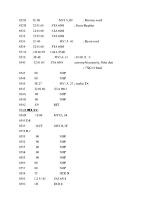 852B 3E 00 MVI A, 00 ; Dummy word
852D 32 01 60 STA 6001 ; Status Register
8530 32 01 60 STA 6001
8533 32 01 60 STA 6001
8536 3E 40 MVI A, 40 ; Reset word
8538 32 01 60 STA 6001
853B CD 4D 85 CALL 854D
853E 3E 4E MVI A, 4E ; 01 00 11 10
8540 32 01 60 STA 6001 ;onestop bit,noparity, 8bits char
; TXC/16 baud
8543 00 NOP
8544 00 NOP
8545 3E 27 MVI A, 27 ; enable TX
8547 32 01 60 STA 6001
854A 00 NOP
854B 00 NOP
854C C9 RET
854D DELAY:
854D 1E 04 MVI E, 04
854F D4:
854F 16 FF MVI D, FF
8551 D3:
8551 00 NOP
8552 00 NOP
8553 00 NOP
8554 00 NOP
8555 00 NOP
8556 00 NOP
8557 00 NOP
8558 15 DCR D
8559 C2 51 85 JNZ 8551
855C 1D DCR E
 