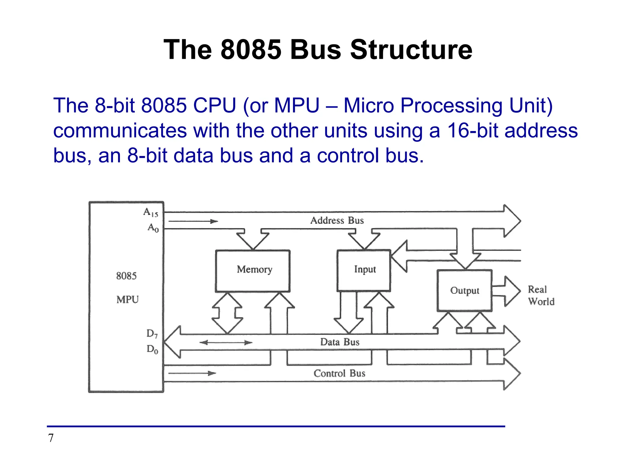 7
The 8085 Bus Structure
The 8-bit 8085 CPU (or MPU – Micro Processing Unit)
communicates with the other units using a 16-bit address
bus, an 8-bit data bus and a control bus.
 