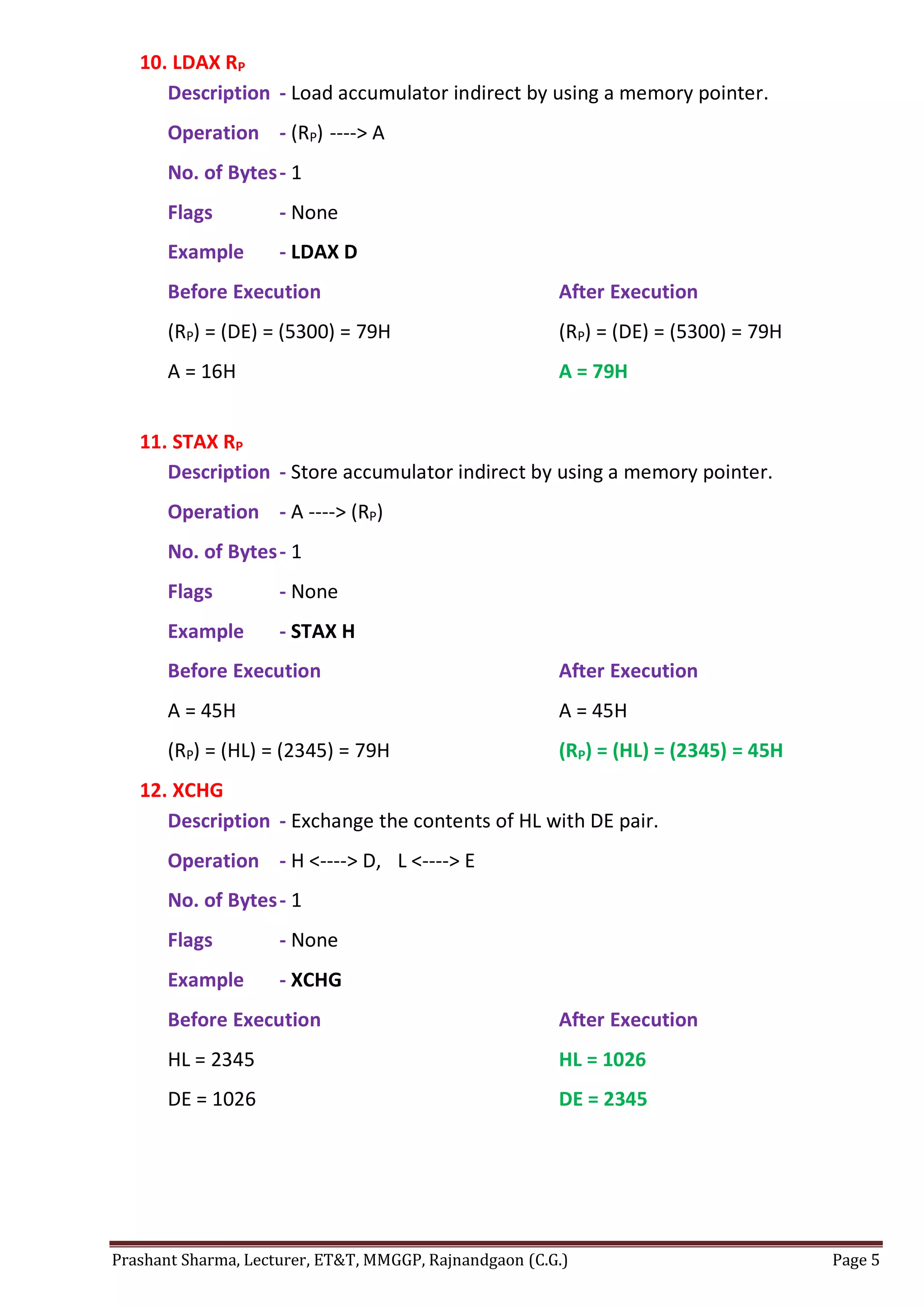 Prashant Sharma, Lecturer, ET&T, MMGGP, Rajnandgaon (C.G.) Page 5
10. LDAX RP
Description - Load accumulator indirect by using a memory pointer.
Operation - (RP) ----> A
No. of Bytes- 1
Flags - None
Example - LDAX D
Before Execution After Execution
(RP) = (DE) = (5300) = 79H (RP) = (DE) = (5300) = 79H
A = 16H A = 79H
11. STAX RP
Description - Store accumulator indirect by using a memory pointer.
Operation - A ----> (RP)
No. of Bytes- 1
Flags - None
Example - STAX H
Before Execution After Execution
A = 45H A = 45H
(RP) = (HL) = (2345) = 79H (RP) = (HL) = (2345) = 45H
12. XCHG
Description - Exchange the contents of HL with DE pair.
Operation - H <----> D, L <----> E
No. of Bytes- 1
Flags - None
Example - XCHG
Before Execution After Execution
HL = 2345 HL = 1026
DE = 1026 DE = 2345
 