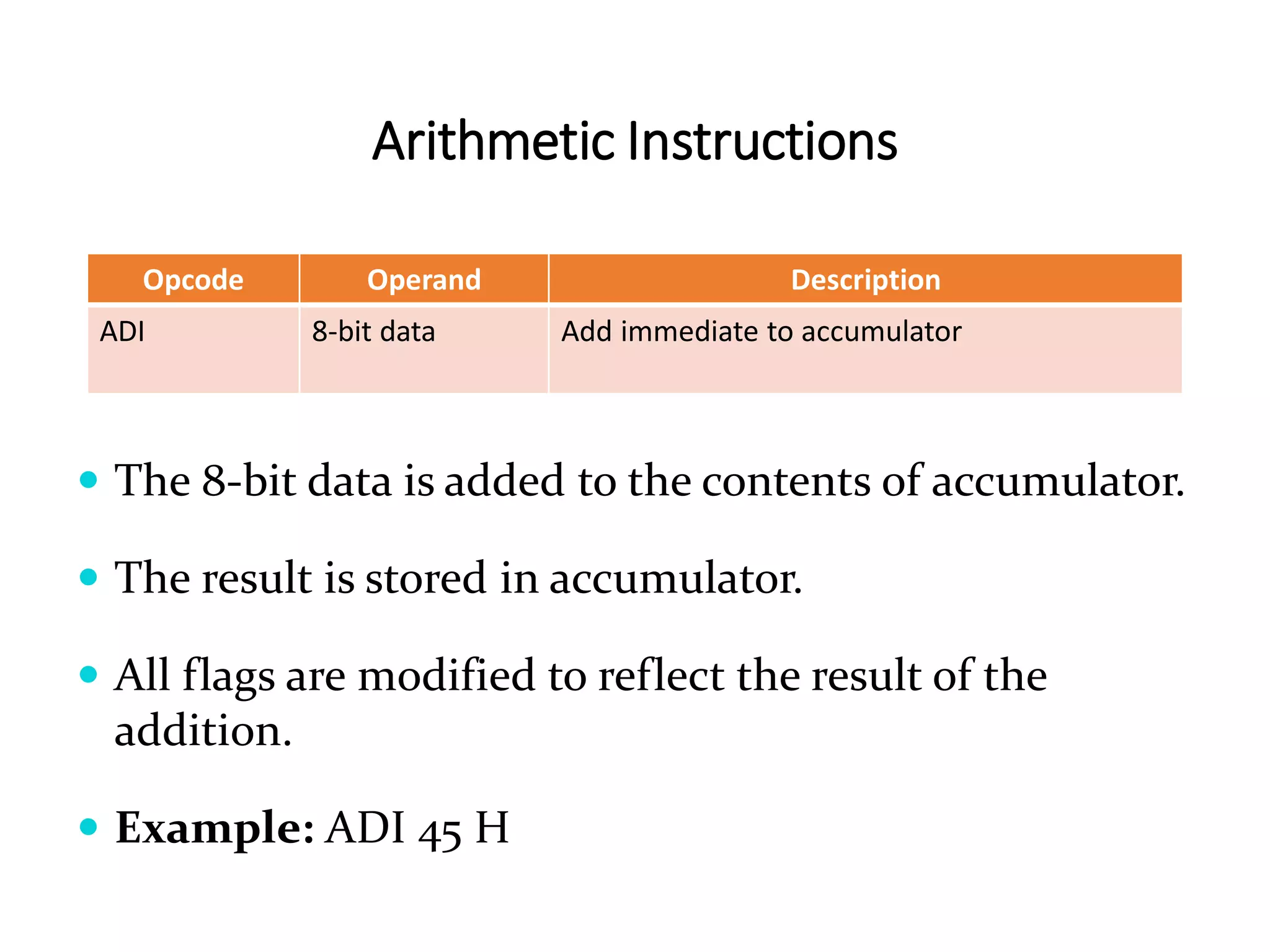 Arithmetic Instructions
Opcode Operand Description
ADI 8-bit data Add immediate to accumulator
 The 8-bit data is added to the contents of accumulator.
 The result is stored in accumulator.
 All flags are modified to reflect the result of the
addition.
 Example: ADI 45 H
 