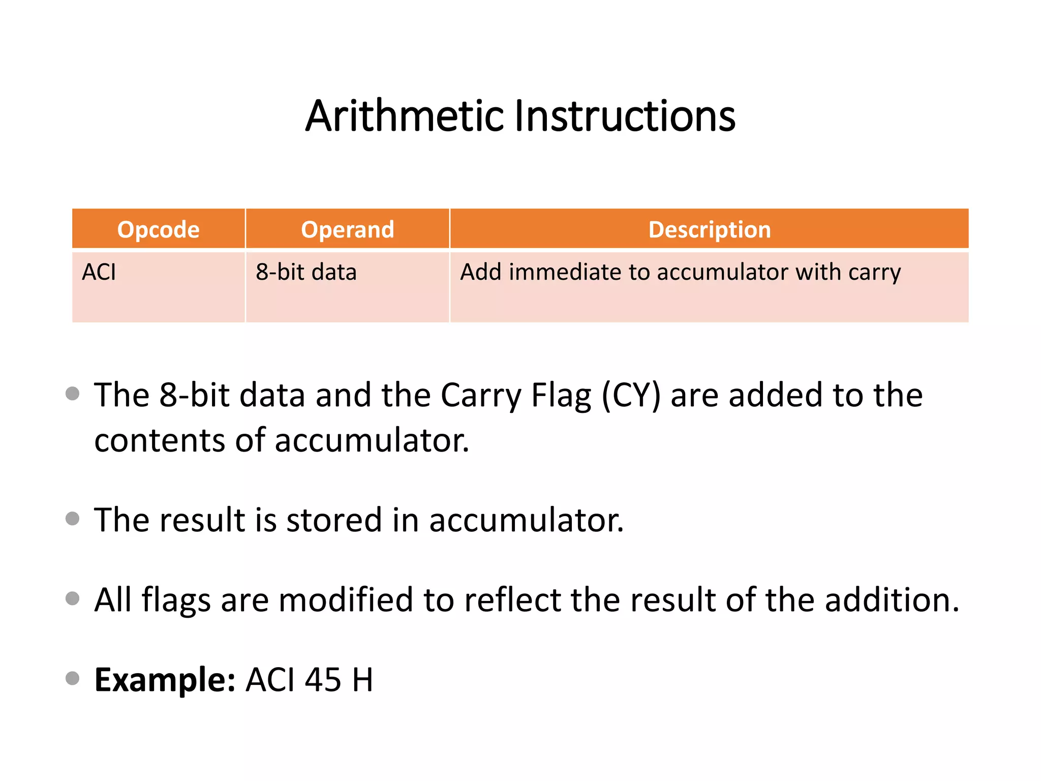Arithmetic Instructions
Opcode Operand Description
ACI 8-bit data Add immediate to accumulator with carry
 The 8-bit data and the Carry Flag (CY) are added to the
contents of accumulator.
 The result is stored in accumulator.
 All flags are modified to reflect the result of the addition.
 Example: ACI 45 H
 