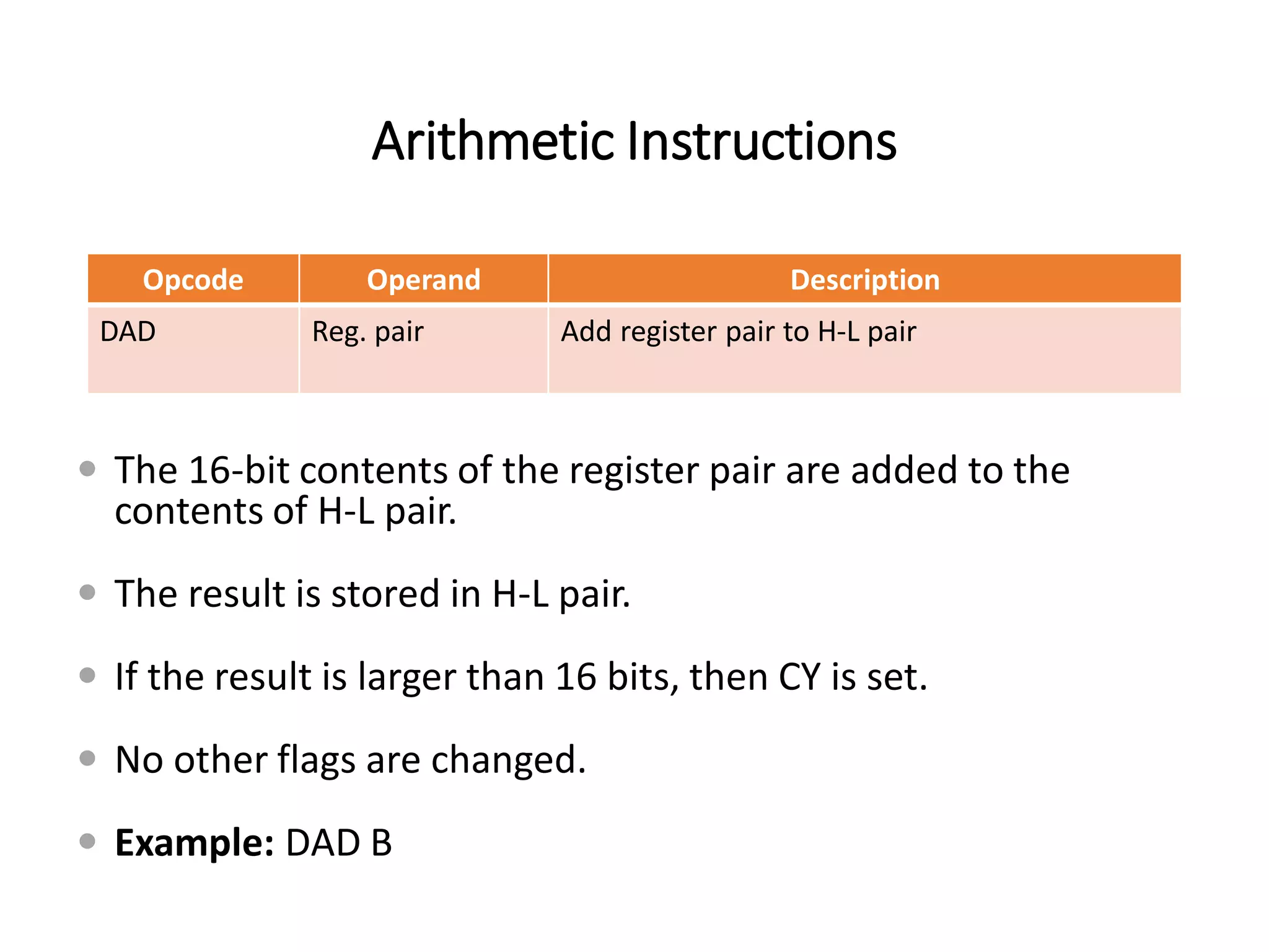 Arithmetic Instructions
Opcode Operand Description
DAD Reg. pair Add register pair to H-L pair
 The 16-bit contents of the register pair are added to the
contents of H-L pair.
 The result is stored in H-L pair.
 If the result is larger than 16 bits, then CY is set.
 No other flags are changed.
 Example: DAD B
 