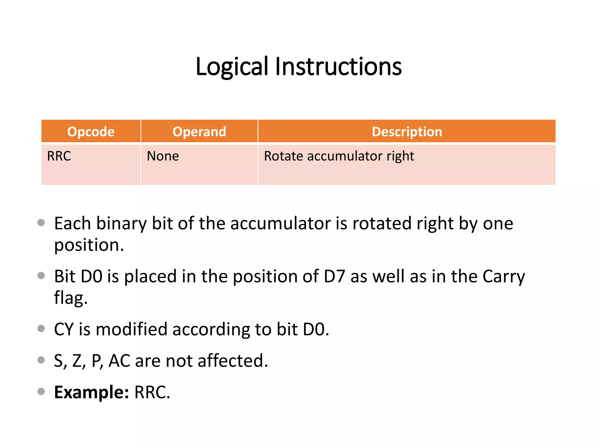 Logical Instructions
Opcode Operand Description
RRC None Rotate accumulator right
 Each binary bit of the accumulator is rotated right by one
position.
 Bit D0 is placed in the position of D7 as well as in the Carry
flag.
 CY is modified according to bit D0.
 S, Z, P, AC are not affected.
 Example: RRC.
 