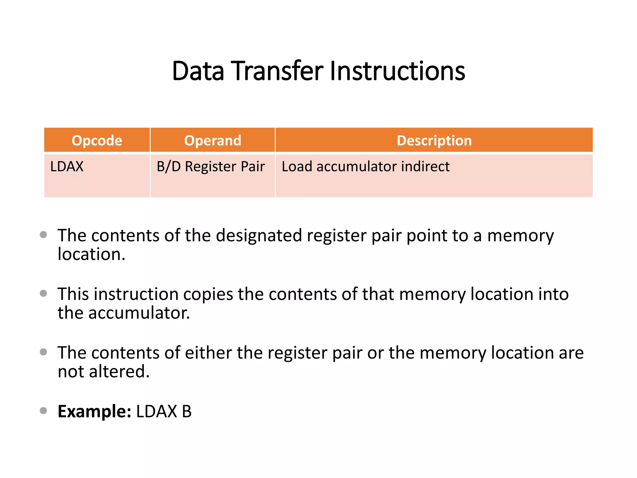Data Transfer Instructions
Opcode Operand Description
LDAX B/D Register Pair Load accumulator indirect
 The contents of the designated register pair point to a memory
location.
 This instruction copies the contents of that memory location into
the accumulator.
 The contents of either the register pair or the memory location are
not altered.
 Example: LDAX B
 