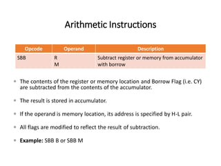 Arithmetic Instructions
Opcode Operand Description
SBB R
M
Subtract register or memory from accumulator
with borrow
 The contents of the register or memory location and Borrow Flag (i.e. CY)
are subtracted from the contents of the accumulator.
 The result is stored in accumulator.
 If the operand is memory location, its address is specified by H-L pair.
 All flags are modified to reflect the result of subtraction.
 Example: SBB B or SBB M
 