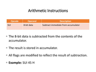 Arithmetic Instructions
Opcode Operand Description
SUI 8-bit data Subtract immediate from accumulator
 The 8-bit data is subtracted from the contents of the
accumulator.
 The result is stored in accumulator.
 All flags are modified to reflect the result of subtraction.
 Example: SUI 45 H
 