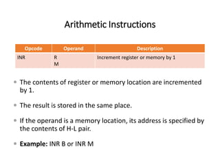 Arithmetic Instructions
Opcode Operand Description
INR R
M
Increment register or memory by 1
 The contents of register or memory location are incremented
by 1.
 The result is stored in the same place.
 If the operand is a memory location, its address is specified by
the contents of H-L pair.
 Example: INR B or INR M
 