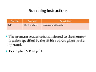 Branching Instructions
Opcode Operand Description
JMP 16-bit address Jump unconditionally
 The program sequence is transferred to the memory
location specified by the 16-bit address given in the
operand.
 Example: JMP 2034 H.
 