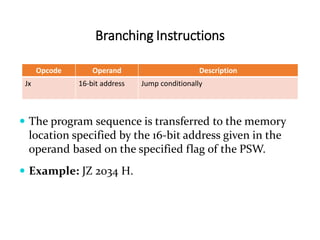 Branching Instructions
Opcode Operand Description
Jx 16-bit address Jump conditionally
 The program sequence is transferred to the memory
location specified by the 16-bit address given in the
operand based on the specified flag of the PSW.
 Example: JZ 2034 H.
 