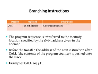 Branching Instructions
Opcode Operand Description
CALL 16-bit address Call unconditionally
 The program sequence is transferred to the memory
location specified by the 16-bit address given in the
operand.
 Before the transfer, the address of the next instruction after
CALL (the contents of the program counter) is pushed onto
the stack.
 Example: CALL 2034 H.
 