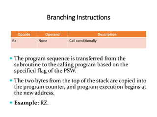 Branching Instructions
Opcode Operand Description
Rx None Call conditionally
 The program sequence is transferred from the
subroutine to the calling program based on the
specified flag of the PSW.
 The two bytes from the top of the stack are copied into
the program counter, and program execution begins at
the new address.
 Example: RZ.
 