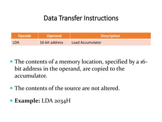 Data Transfer Instructions
Opcode Operand Description
LDA 16-bit address Load Accumulator
 The contents of a memory location, specified by a 16-
bit address in the operand, are copied to the
accumulator.
 The contents of the source are not altered.
 Example: LDA 2034H
 