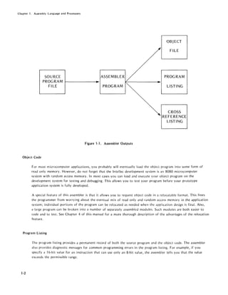 Chapter 1. Assembly Language and Processors
SOURCE
PROGRAM
FILE PROGRAM
Figure ,.,. Assembler Outputs
OBJECT
FILE
PROGRAM
LISTING
CROSS
REFERENCE
LISTING
Object Code
For most microcomputer applications, you probably will eventually load the object program into some form of
read only memory. However, do not forget that the Intellec development system is an 8080 microcomputer
system with random access memory. In most cases you can load and execute your object program on the
development system for testing and debugging. This allows you to test your program before your prototype
application system is fully developed.
A special feature of this assembler is that it allows you to request object code in a relocatable format. This frees
the programmer from worrying about the eventual mix of read only and random access memory in the application
system; individual portions of the program can be relocated as needed when the application design is final. Also,
a large program can be broken into a number of separately assembled modules. Such modules are both easier to
code and to test. See Chapter 4 of this manual for a more thorough description of the advantages of the relocation
feature.
Program Listing
1·2
The program listing provides a permanent record of both the source program and the object code. The assembler
also provides diagnostic messages for common programming errors in the program listing. For example, if you
specify a 16-bit value for an instruction that can use only an 8-bit value, the assembler tells you that the value
exceeds the permissible range.
 