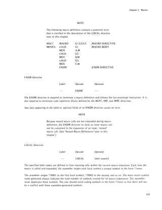 Chapter 5. Macros
ENDM Directive
NOTE
The following macro definition contains a potential error
that is clarified in the description of the LOCAL directive
later in this chapter.
MACl MACRO Gl,G2,G3 ;MACRO DIRECTIVE
MOVES: LHLD Gl ;MACRO BODY
MOV A,M
LHLD G2
MOV B,M
LHLD G3
MOV C,M
ENDM ;ENDM DIRECTIVE
Label Opcode Operand
ENDM
The ENDM directive is required to terminate a macro definition and follows the last prototype instruction. It is
also required to terminate code repetition blocks defined by the REPT, IRP, and IRPC directives.
Any data appearing in the label or operand fields of an ENDM directive causes an error.
L.OCA L Directive
NOTE
Because nested macro calls are not expanded during macro
definition, the ENDM directive to close an outer macro can-
not be contained in the expansion of an inner, 'nested'
macro call. (See 'Nested Macro Definitions' later in this
chapter.)
Label Opcode Operand
LOCAL label name{s)
The specified label names are defined to have meaning only within the current macro expansion. Each time the
macro is called and expanded, the assembler assigns each local symbol a unique symbol in the form ??nnnn.
I
The assembler assigns ??OOOl to the first local symbol, ??0002 to the second, and so on. The most recent symbol
name generated always indicates the total number of symbols created for all macro expansions. The assembler
never duplicates these symbols. The user should avoid coding symbols in the form ??nnnn so that there will not
be a conflict with these assembler-generated symbols.
5-5
 