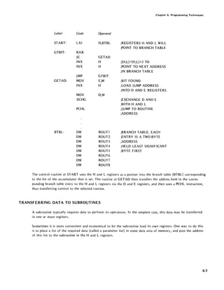Chapter 6. Programming Techniques
Label Code Operand
START: LXI H,BTBL ;REGISTERS HAND L WILL
;POINT TO BRANCH TABLE
GTBIT: RAR
JC GETAD
INX H ;(H,L)=(H,L)+2 TO
INX H ;POINT TO NEXT ADDRESS
;IN BRANCH TABLE
JMP GTBIT
GETAD: MOV E,M ;BIT FOUND
INX H ;LOAD JUMP ADDRESS
;INTO D AND E REGISTERS
MOV D,M
XCHG ;EXCHANGE D AND E
;WITH HAND L
PCHL ;JUMP TO ROUTINE
;ADDRESS
BTBL: OW ROUTl ;BRANCH TABLE. EACH
OW ROUT2 ;ENTRY IS ATWO-BYTE
OW ROUT3 ;ADDRESS
OW ROUT4 ;HELD LEAST SIGNIFICANT
OW ROUTS ;BYTE FIRST
OW ROUT6
DW ROUT7
OW ROUT8
The control routine at START uses the Hand L registers as a pointer into the branch table (BTBL) corresponding
to the bit of the accumulator that is set. The routine at GETAD then transfers the address held in the corres-
ponding branch table entry to the Hand L registers via the D and E registers, and then uses a PCHL instruction,
thus transferring control to the selected routine.
TRANSFERRING DATA TO SUBROUTINES
A subroutine typically requires data to perform its operations. In the simplest case, this data may be transferred
in one or more registers.
Sometimes it is more convenient and economical to let the subroutine load its own registers. One way to do this
is to place a list of the required data (called a parameter list) in some data area of memory, and pass the address
of this list to the subroutine in the Hand L registers.
6-3
 