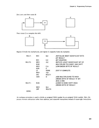 Chapter 6. Programming Techniques
Zero carry and then rotate B:
B C
D
Then rotate C to complete the shift:
B C
D ~~------------~~
Register D holds the multiplicand, and register C originally holds the mUltiplier.
MULT: MVI B,O ;INITIALIZE MOST SIGNIFICANT BYTE
;OF RESULT
MVI E,9 ;BIT COUNTE R
MULTO: MOV A,C ;ROTATE LEAST SIGNIFICANT BIT OF
RAR ;MULTIPLIER TO CARRY AND SHIFT
MOV C,A ;LOW-ORDER BYTE OF RESULT
DCR E
jZ DONE ;EXIT IF COMPLETE
MOV A,B
jNC MULTl
ADD D ;ADD MULTIPLICAND TO HIGH-
;ORDER BYTE OF RESULT IF BIT
;WAS A ONE
MULTl: RAR ;CARRY=O HERE SHIFT HIGH-
;ORDER BYTE OF RESULT
MOV B,A
jMP MULTO
DONE:
An analogous procedure is used to divide an unsigned 16-bit number by an unsigned 16-bit number. Here, the
process involves subtraction rather than addition, and rotate-left instructions instead of rotate-right instructions.
6-9
 