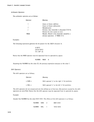 Chapter 2. Assembly Language Concepts
2-12
Arithmetic Operators
The arithmetic operators are as follows:
Operator
+
*
MOD
Examples:
Meaning
Unary or binary addition
Unary or binary subtraction
Multiplication
Division. Any remainder is discarded (7/2=3).
Division by zero causes an error.
Modulo. Result is the remainder caused by a
division operation. (7 MOD 3=1)
The following expressions generate the bit pattern for the ASCII character A:
5+30*2
(25/5}+30*2
5+(-30*-2)
Notice that the MOD operator must be separated from its operands by spaces:
NUMBR MOD 8
Assuming that NUMBR has the value 25, the previous expression evaluates to the value 1.
Shift Operators
The shift operators are as follows:
Operator Meaning
y SHR x Shift operand 'y' to the right 'x' bit positions.
y SHL x Shift operand 'y' to the left 'x' bit positions.
The shift operators do not wraparound any bits shifted out of the byte. Bit positions vacated by the shift
operation are zero-filled. Notice that the shift operator must be separated from its operands by spaces.
Example:
Assume that NUMBR has the value 0101 0101. The effects of the shift operators is as follows:
NUMBR SHR 2 0001 01 01
NUMBR SHL 1010 1010
 