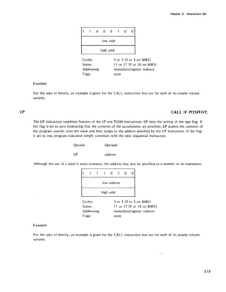 CP
Chapter 3. Instruction Set
1 1 0
Cycles:
States:
Addressing:
Flags:
Example:
0 0 1 0 0
lowaddr
high addr
3 or 5 (2 or 5 on 8085)
1"1 or 17 (9 or 18 on 8085)
immediate/register indirect
none
For the sake of brevity, an example is given for the CALL instruction but not for each of its closely related
variants.
CALL IF POSITIVE
The CP instruction combines features of the JP and PUSH instructions. CP tests the setting of the sign flag. If
the flag is set to zero (indicating that the contents of the accumulator are positive), CP pushes the contents of
the program counter onto the stack and then jumps to the address specified by the CP instruction. If the flag
is set to one, program execution simply continues with the next sequential instruction.
Opcode Operand
CP address
Although the use of a label is more common, the address may also be specified as a number or an expression.
1 1 1
Cycles:
States:
Addressing:
Flags:
Example:
1 0 1 0 0
low address
high addr
3 or 5 (2 or 5 on 8085)
11 or 17 (9 or 18 on 8085)
immediate/register indirect
none
For the sake of brevity, an example is given for the CALL instruction but not for each of its closely related
variants.
3-15
 